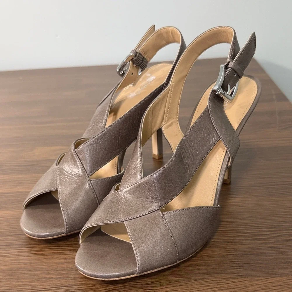 Michael Michael Kors Taupe Leather Slingback‎ Peep Toe Heels Size 9.5M