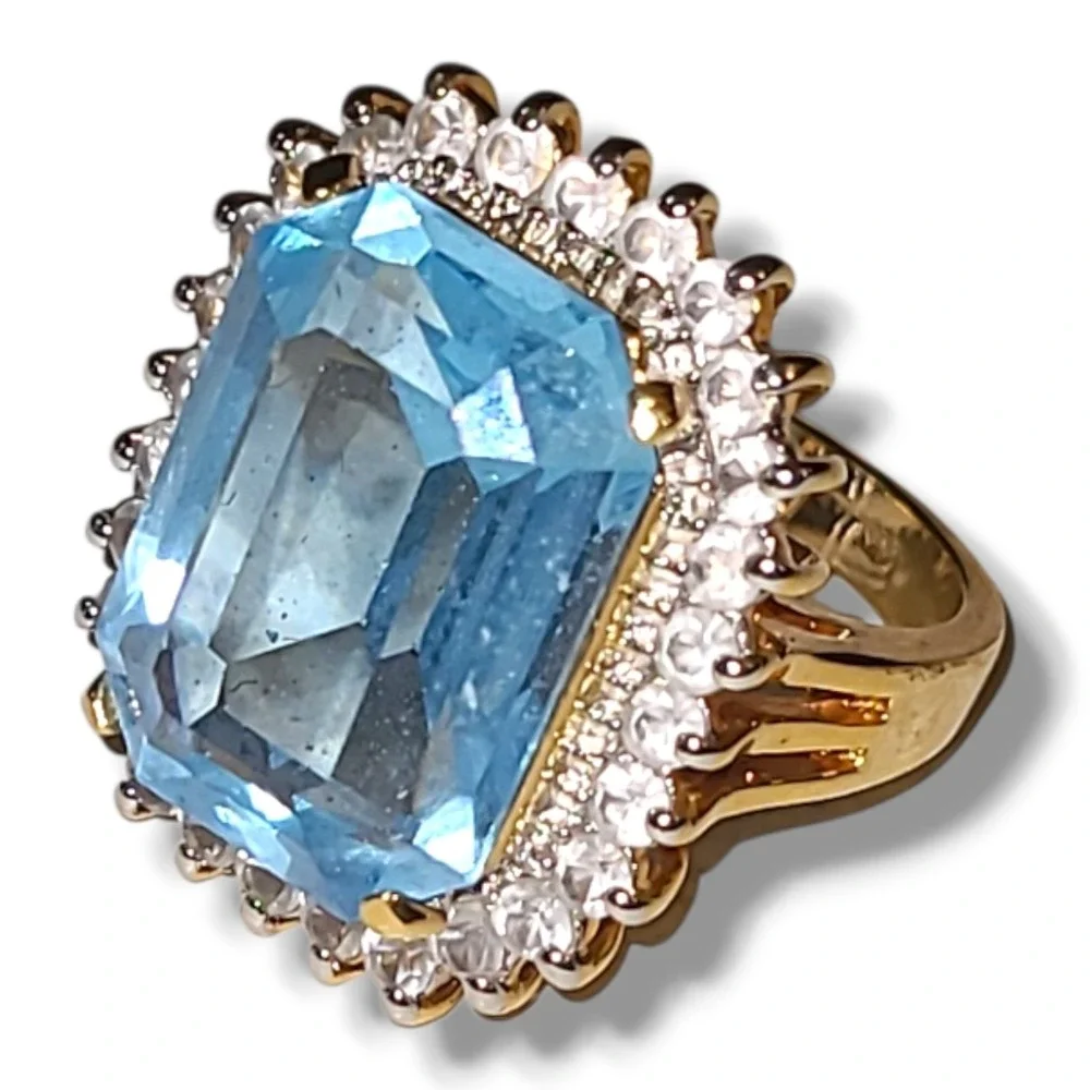 Vintage Light Blue‎ CZ Halo Cocktail Ring 14K Gold Plated Statement Ring Sz 8