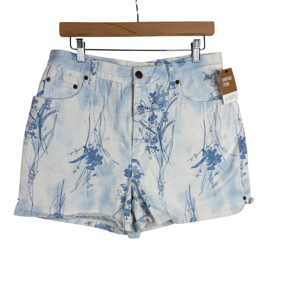 New Bill Blass Vintage Floral/Butterfly Print Hi Rise‎ Shorts size 10 Blue/White
