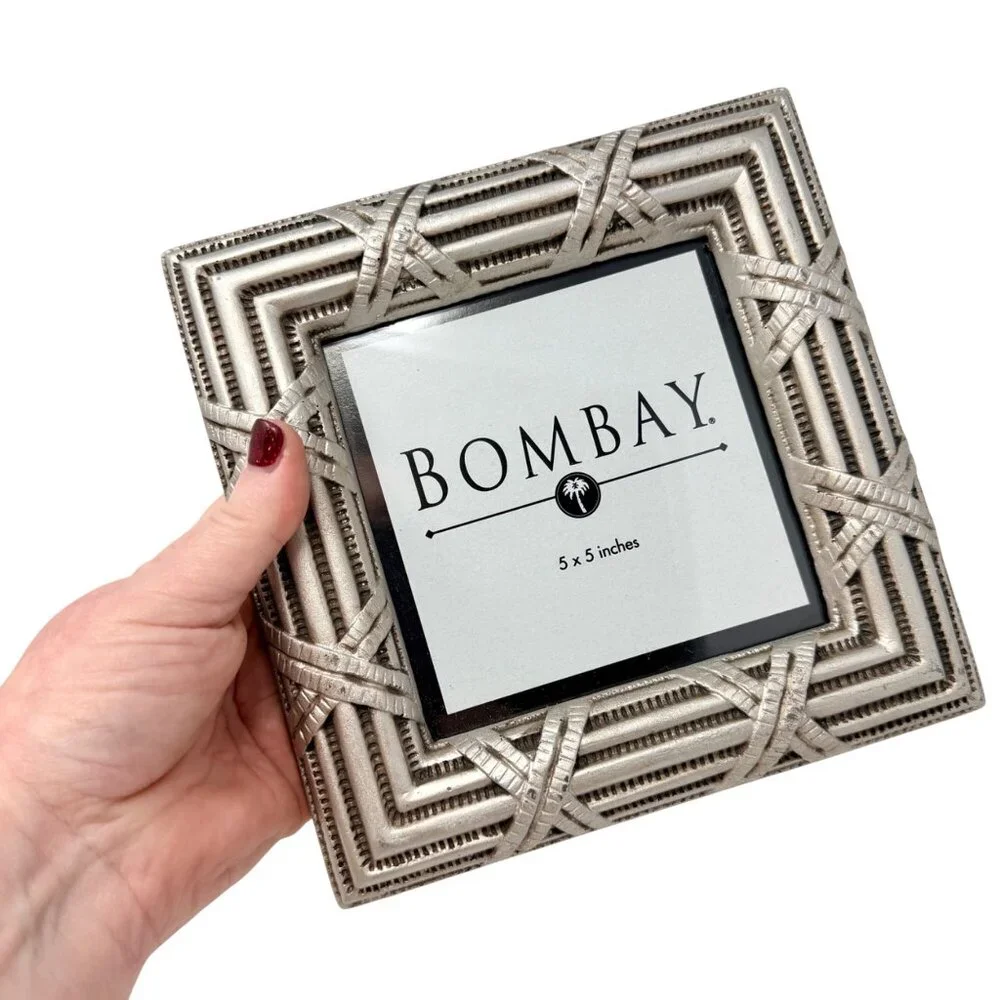 Vintage Bombay Silver Tone Photo Frame Textured Geometric Design 5x5‎ Tabletop