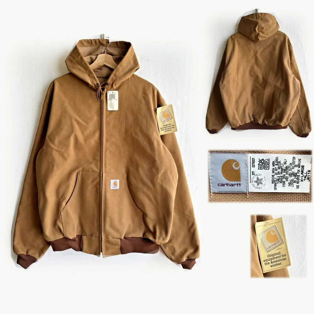 NWT VTG 1997 Carhartt Mens XL Tall JR116 Hooded Full Zip Brown Distressed Jacket
