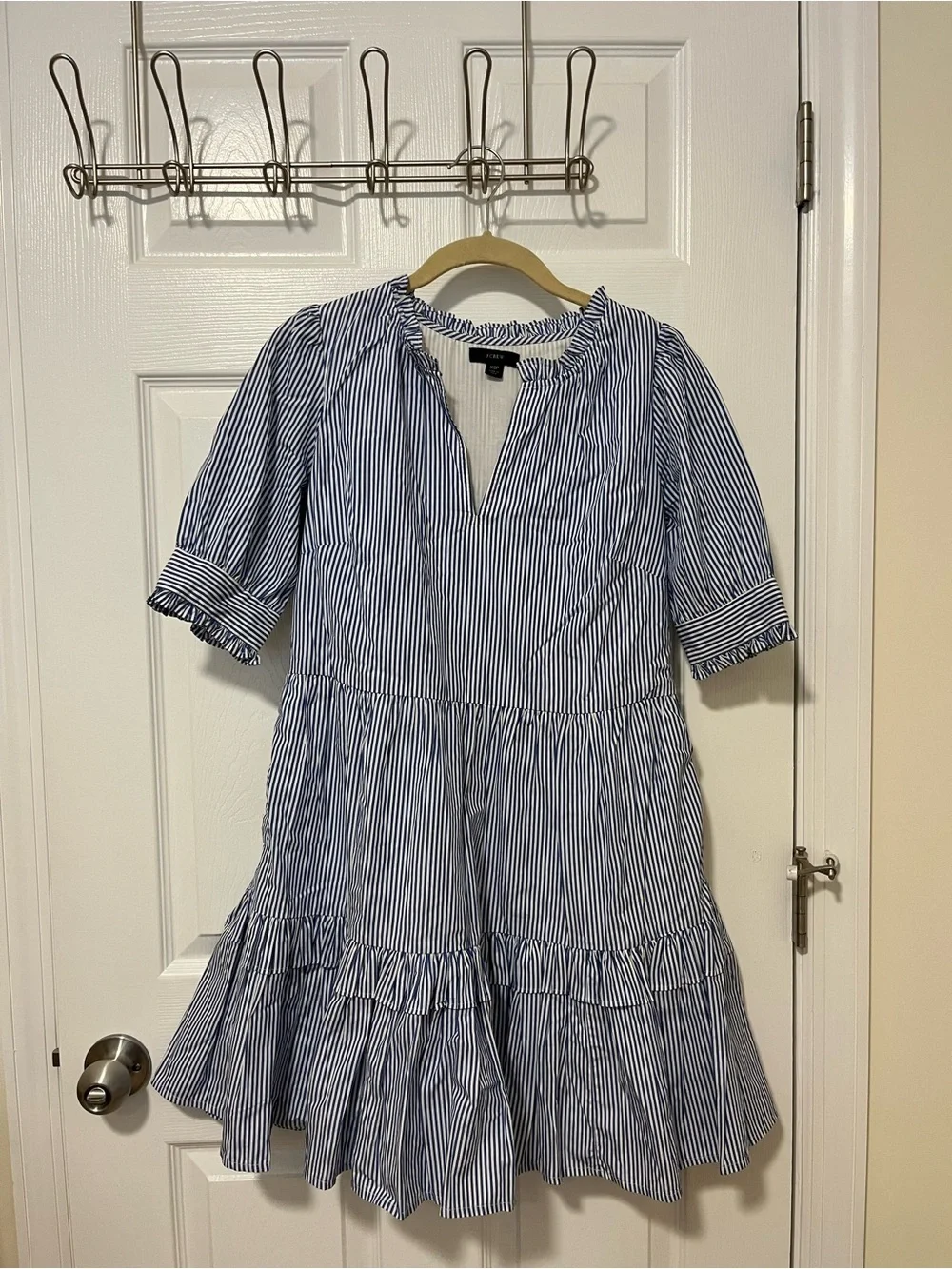 J. Crew Blue and White Striped Tiered Midi Dress