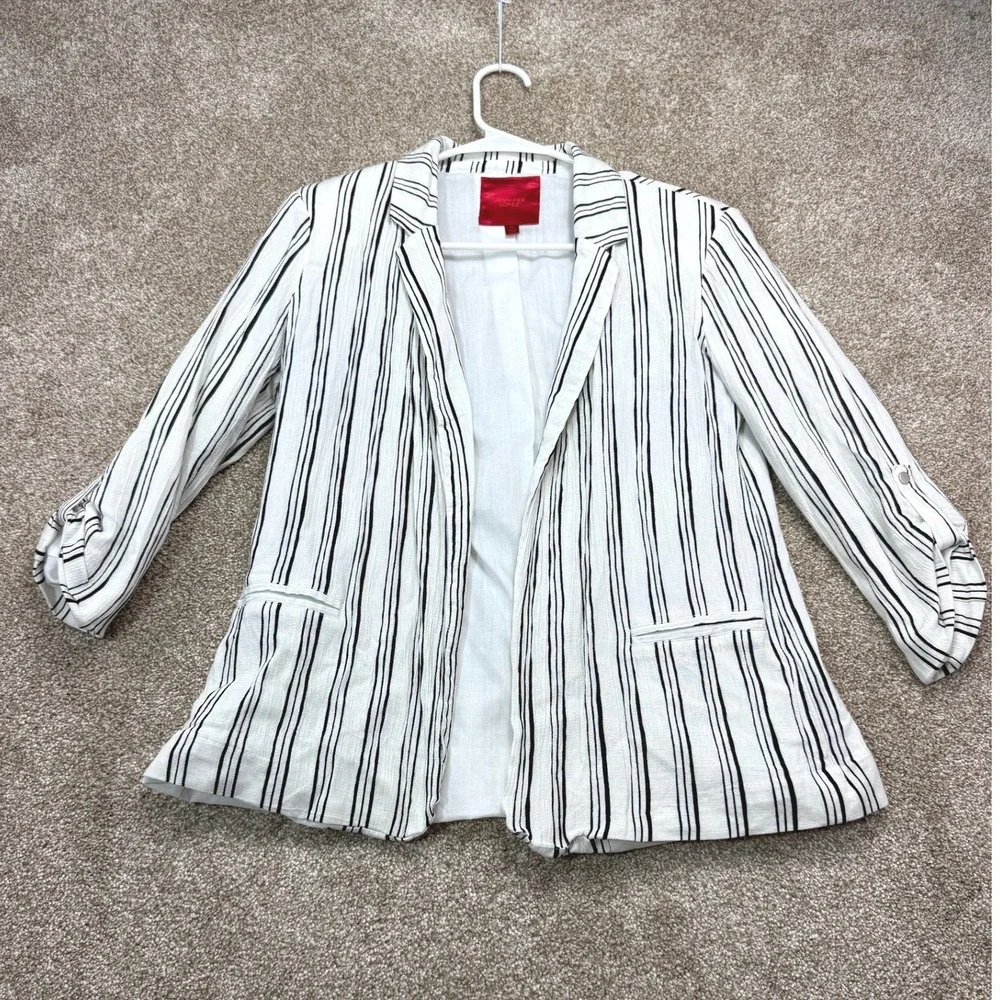 Jennifer Lopez Womens XS White Black Striped Open Front Roll‎ Tab Sleeve Blazer