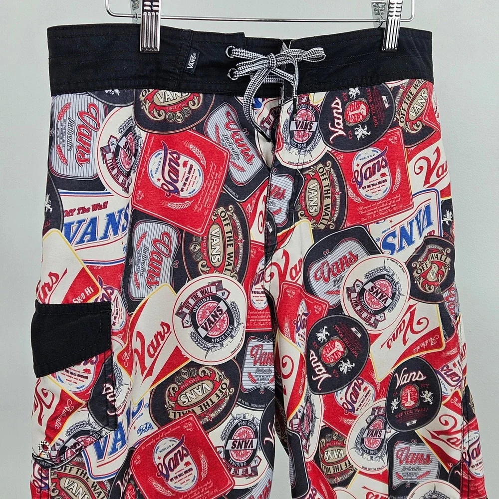 Vans Retro Beer Label Board Shorts Mens 30 (32) All Over Print Swim Trunks