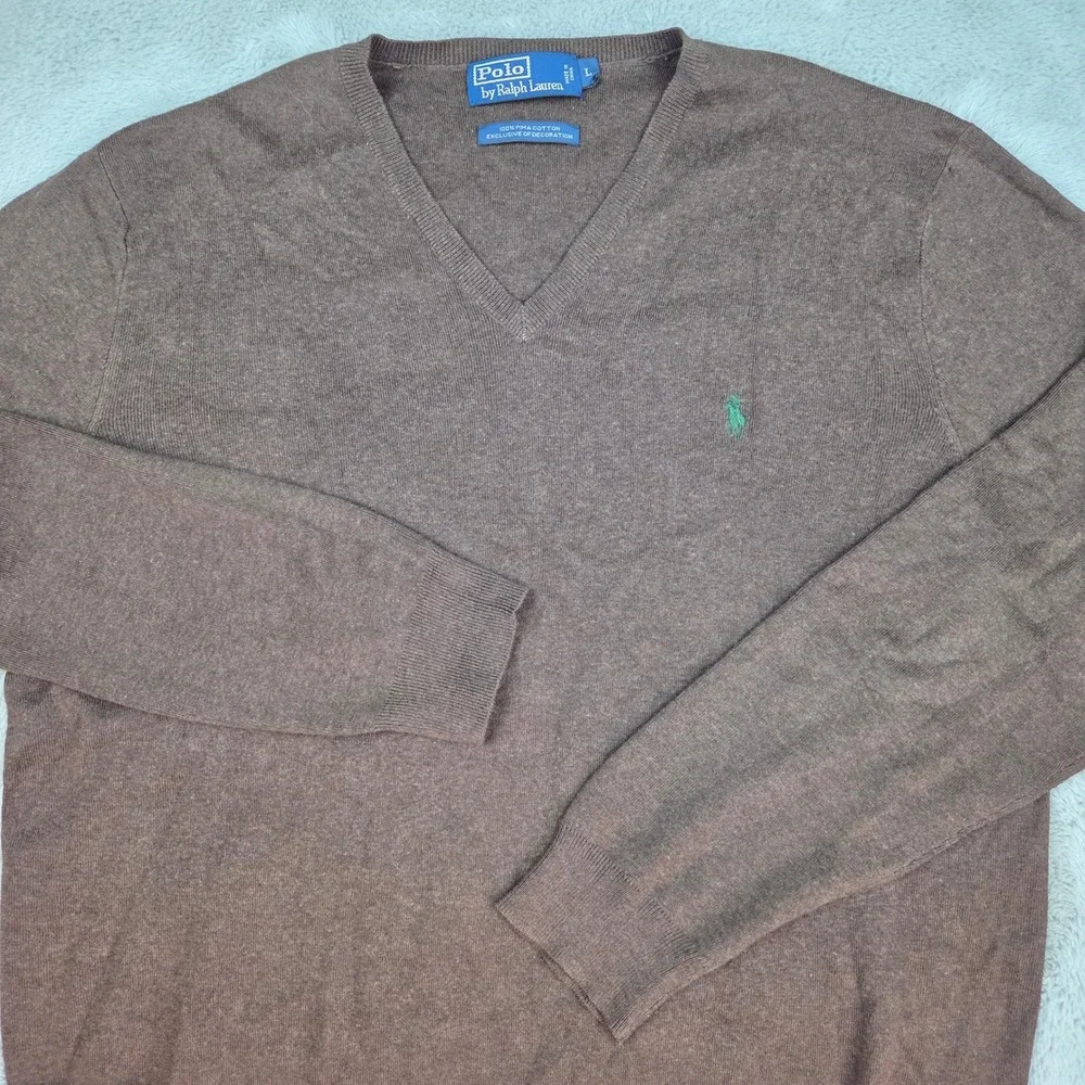 Polo Ralph Lauren V-Neck Sweater Mens L Pima Cotton Pony Logo Pullover Brown
