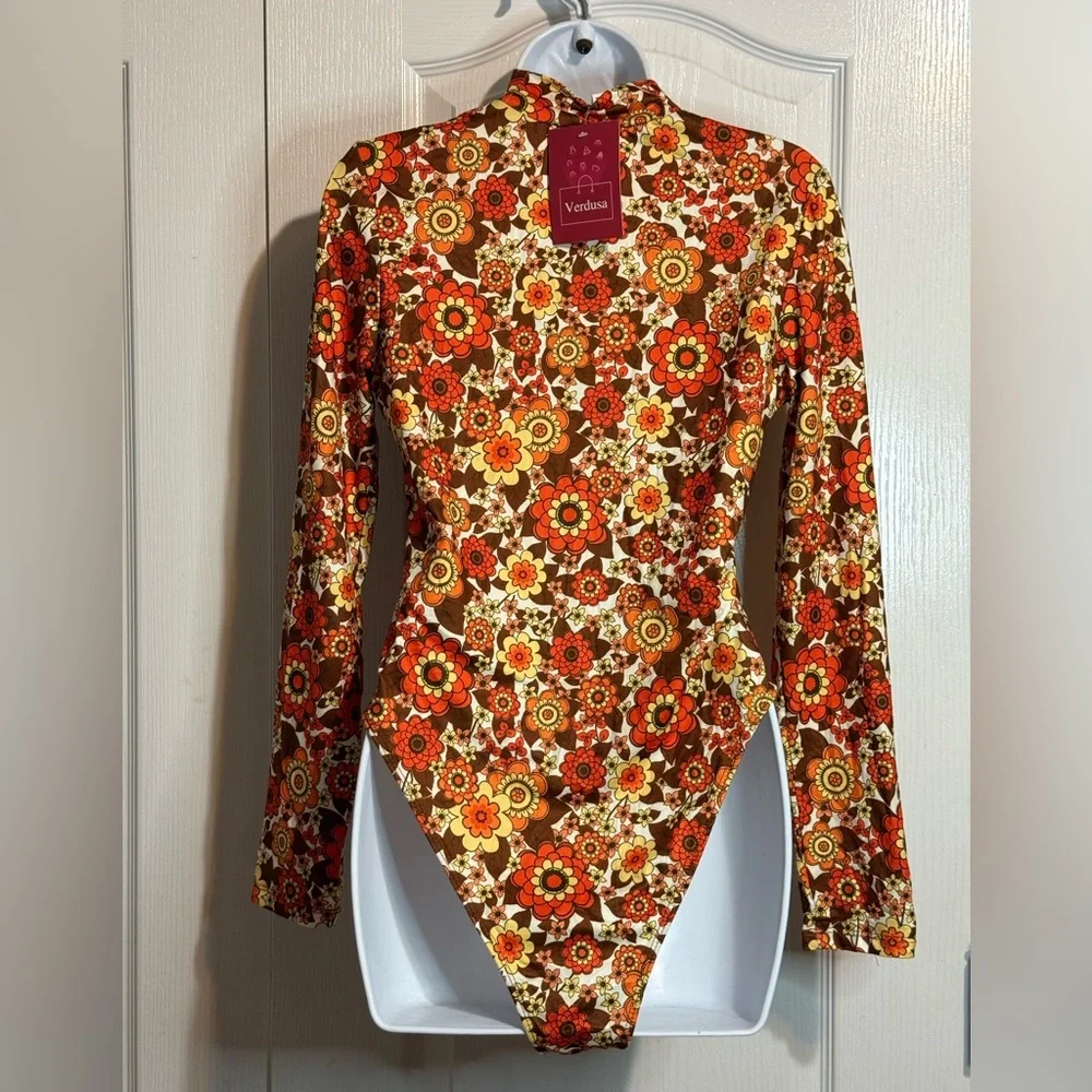 Retro Floral Long Sleeve Bodysuit - Brown/Orange