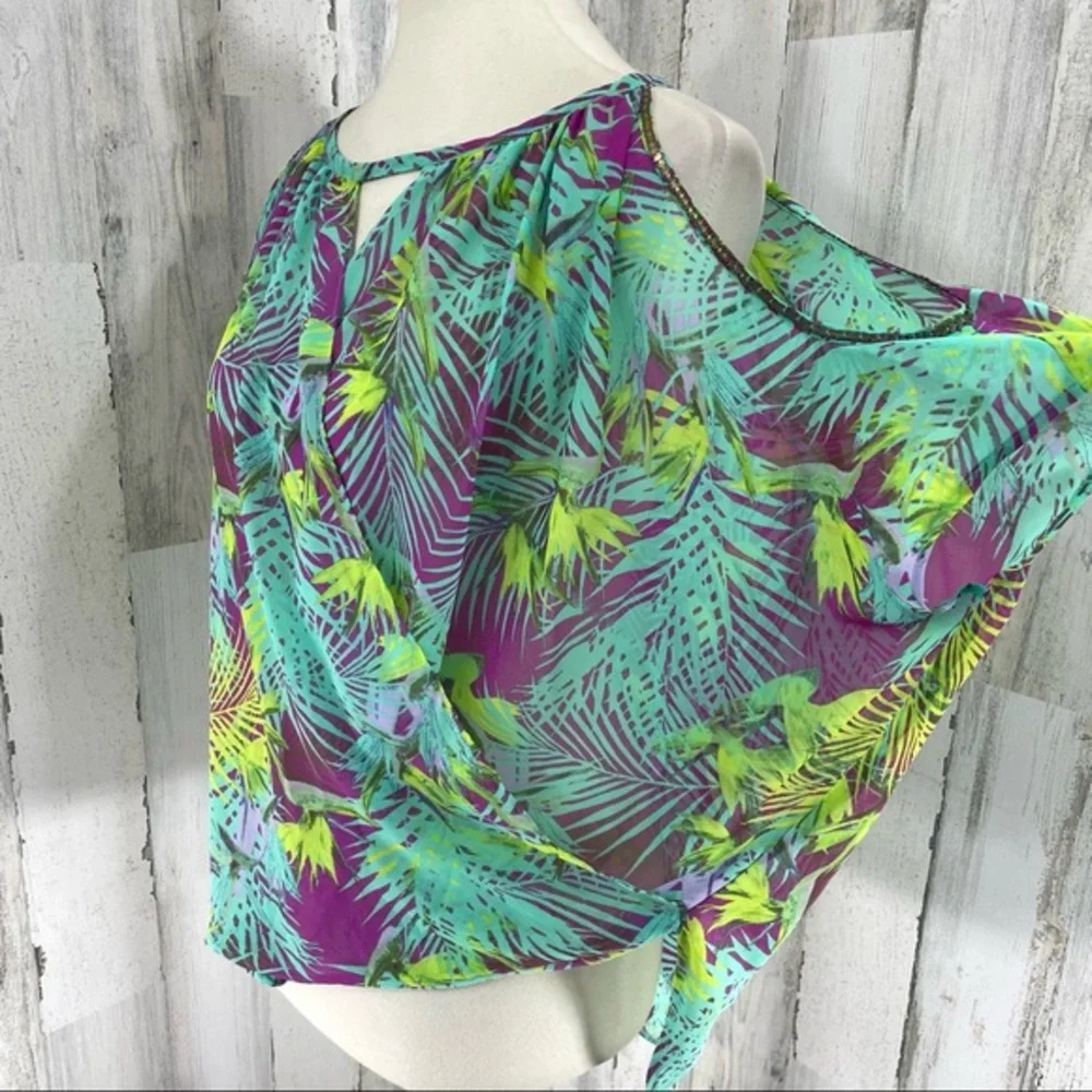 Jennifer‎ Lopez Green Blouse Top Shirt Could Shoulder Tropical Floral Sz S