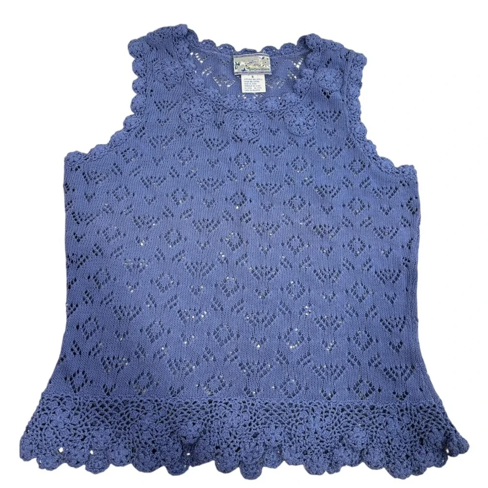Vintage Corner Reading Periwinkle Blue Crochet Knit Sleeveless Top Small‎