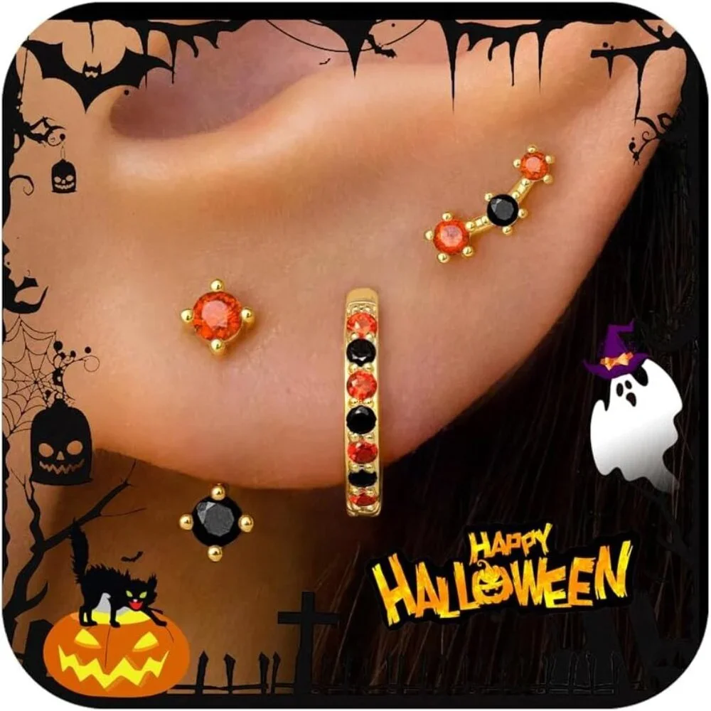 Gold Plated Stud Huggie Earrings Stack for Women Trendy, 3 Pairs Small Cute Hoop