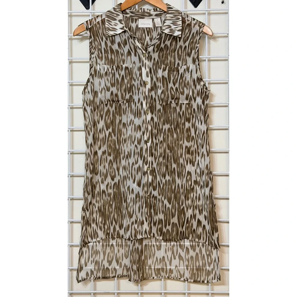 Chicos Animal Leopard Print Sleeveless high‎ low hem Sheer Tunic size 1(U.S.8)