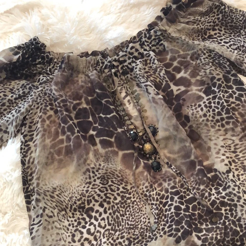 Moda International Victoria’s Secret Animal Print Jewel Blouse Brown Black Small