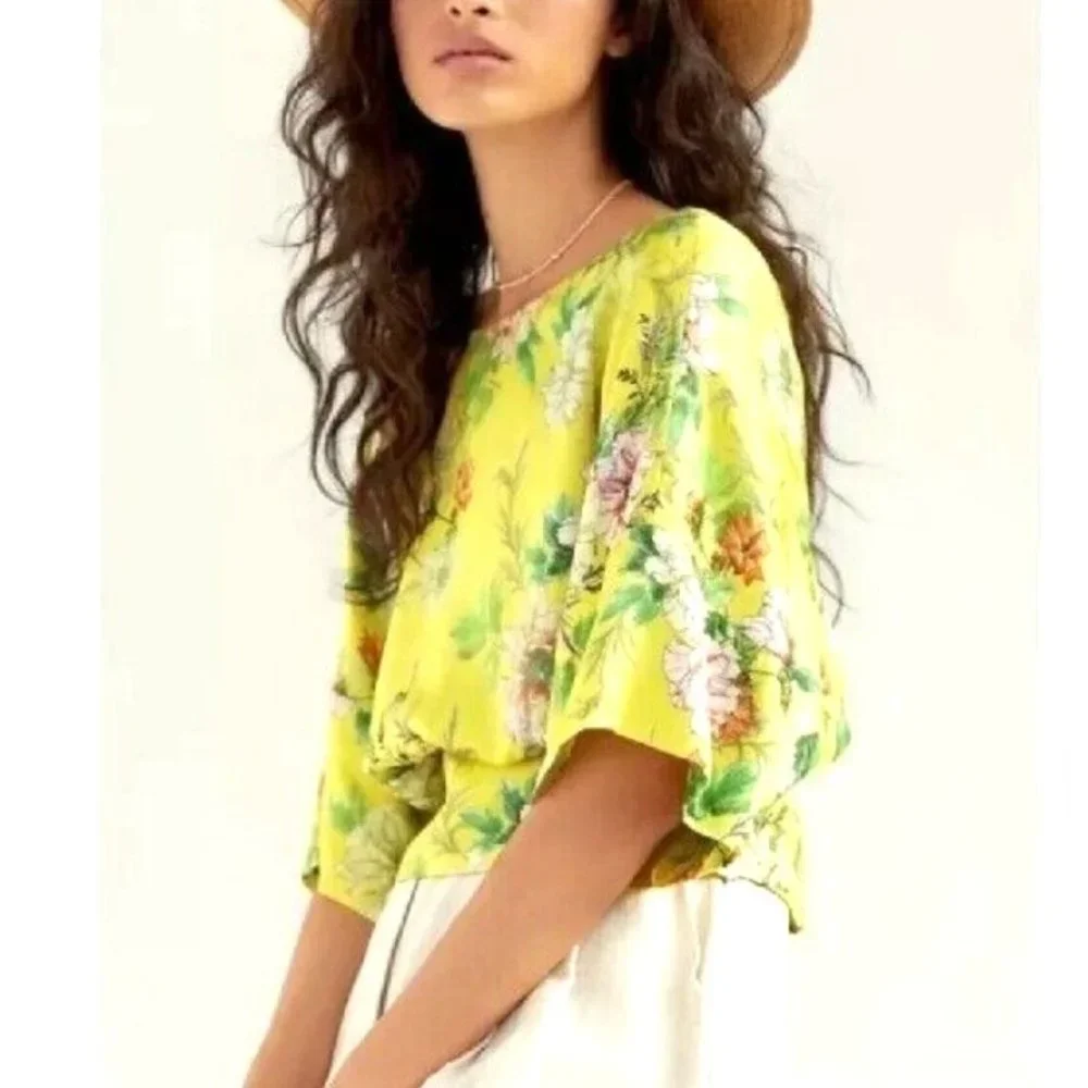 Anthropologie Marika Silk Blend Floral Blouse Dopamine