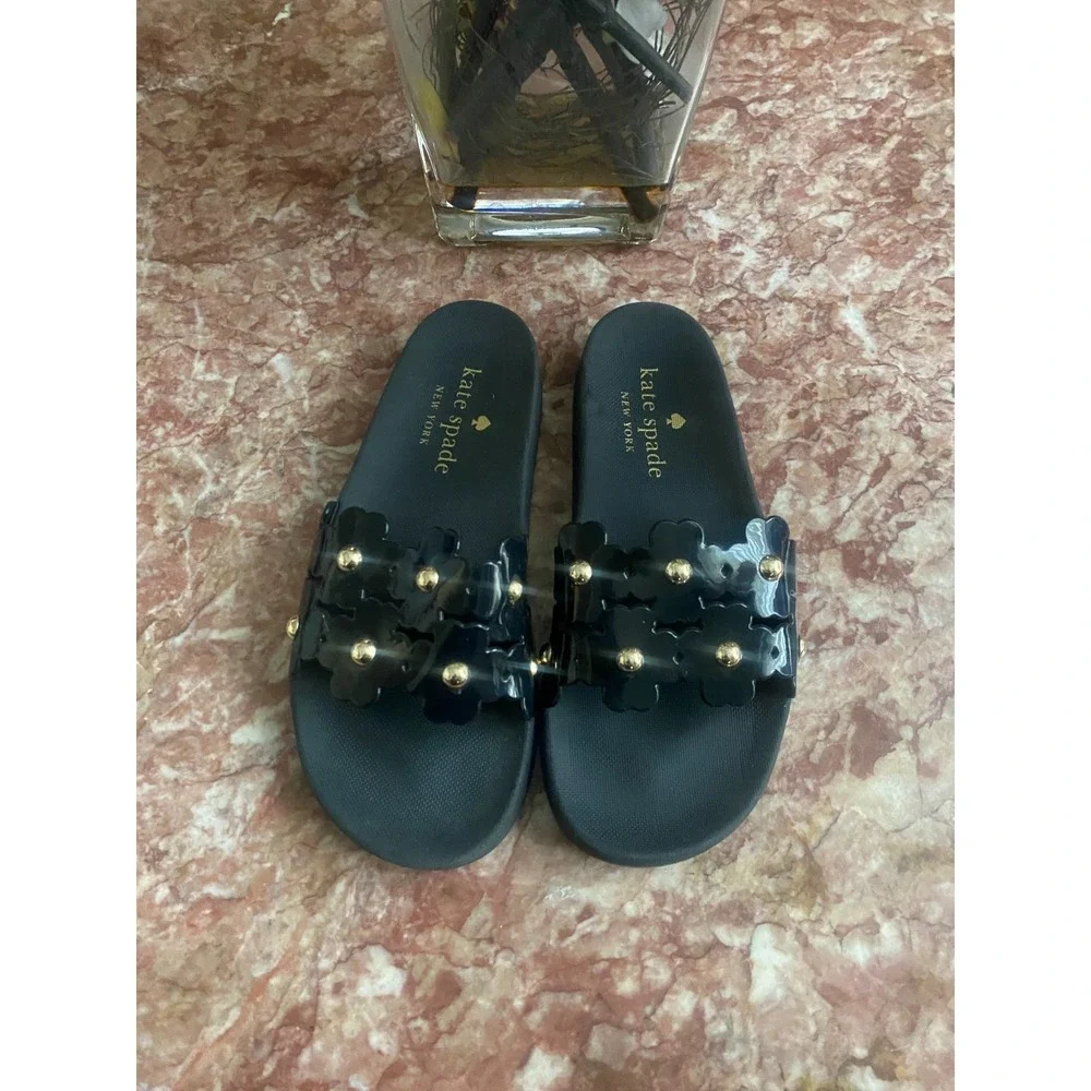 Kate Spade Daisy‎ Pool Slides Black Sandals Size 7B EUC! $129
