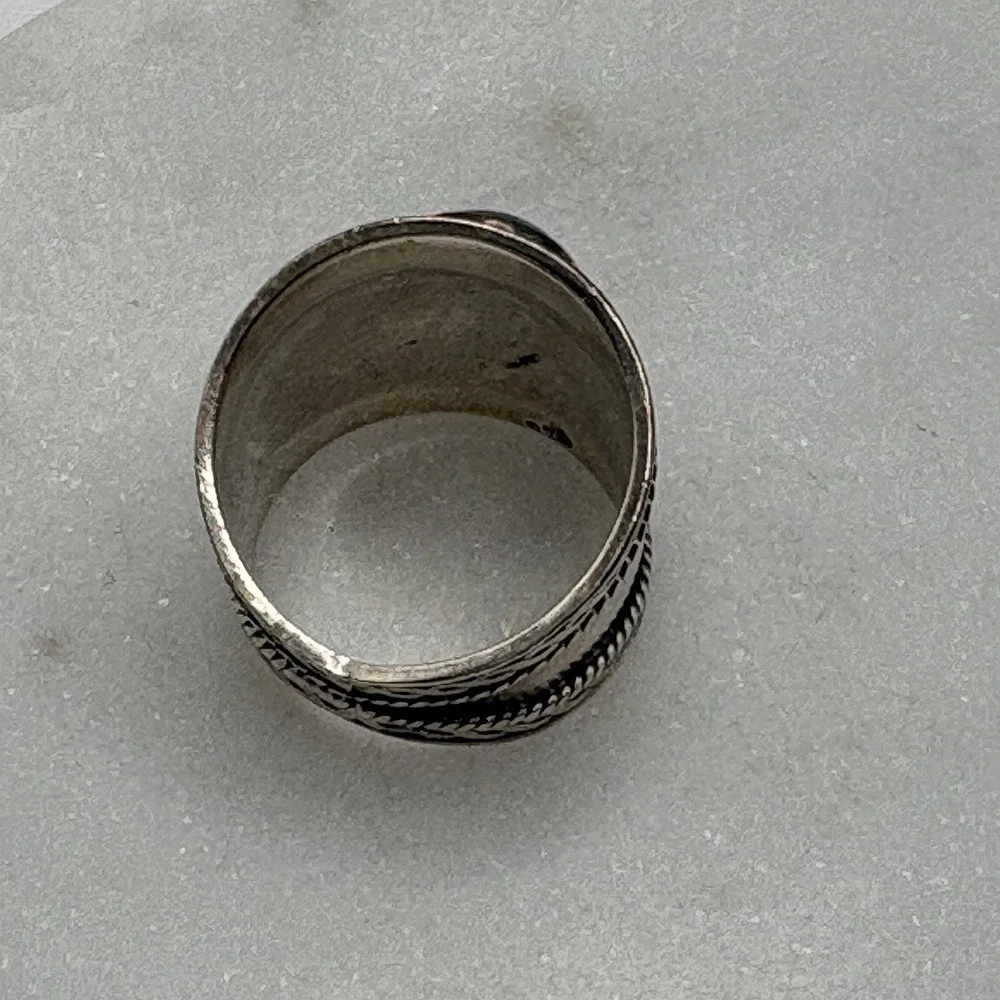 Vintage Sterling Silver Hematite Wide Band Ring Size 7 Bali Boho Braided Estate