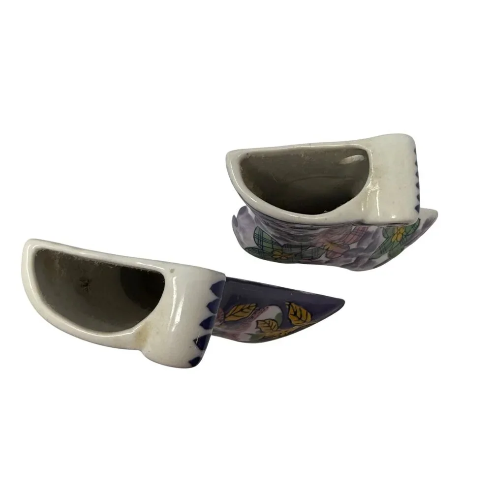Vtg Wall Pocket Pair‎ 2 Victorian Shoe Boot Wall Planters Blue Floral Porcelain