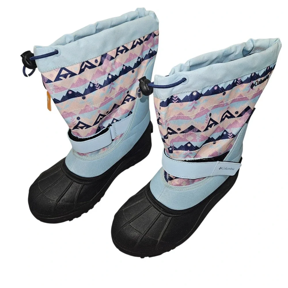 Columbia Powderbug Plus II Snow Boots Blue Mountain Print Sz 5 Youth