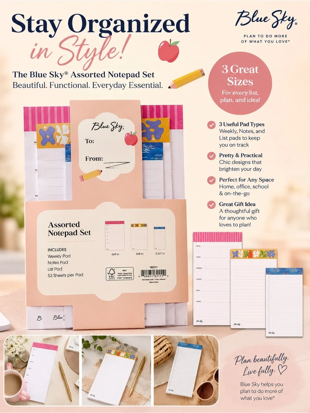 Blue Sky Pink Assorted Notepad Set - 3 Sizes