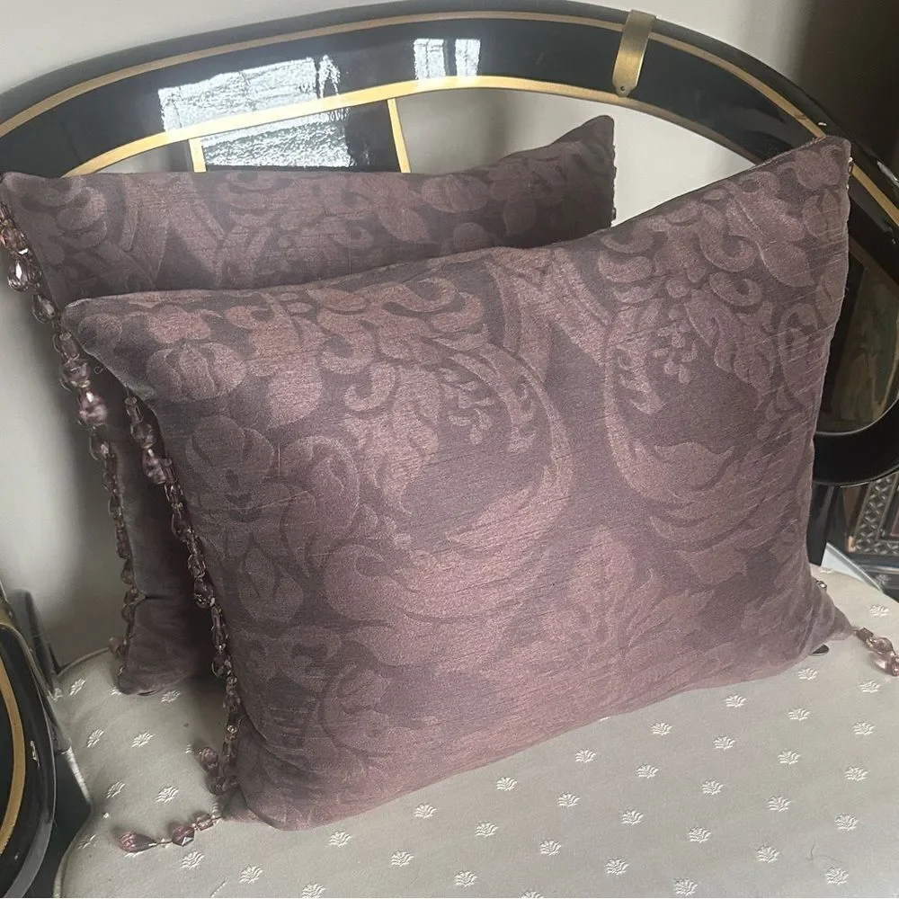 Pier 1 Chocolate Damask Throw Pillows with Beaded Fringe 19”x 14”