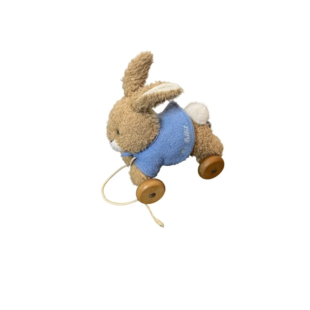 Vintage Eden Peter Rabbit Plush Pull‎ Toy Bunny Wooden Wheels Small Blue Coat