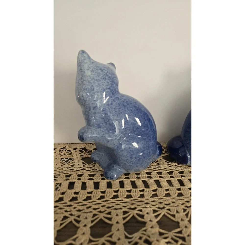 Vintage Blue Ceramic Cat Figurines‎ Pair 7