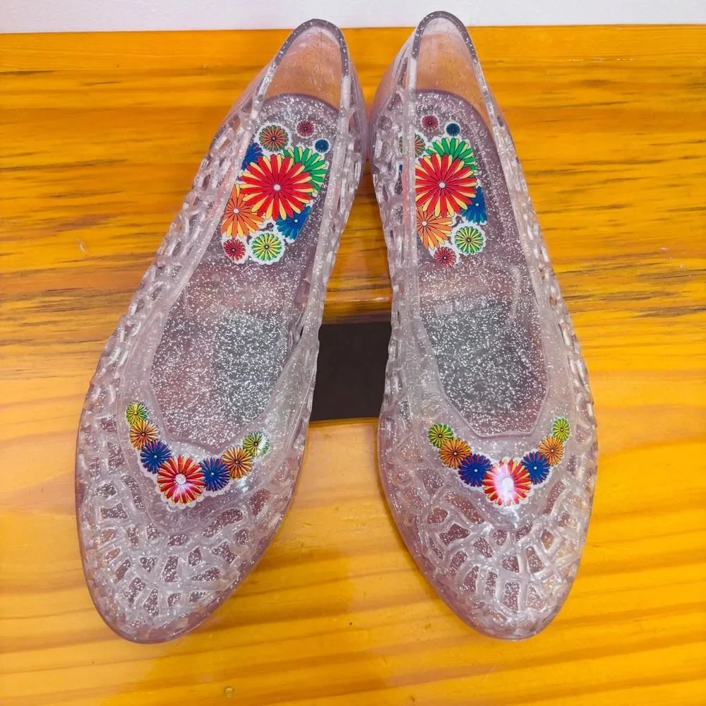 VTG Y2K Grendene Jelly Flats Sparkle‎ Flower Accent Shoes Girls Sz 13 Brazil