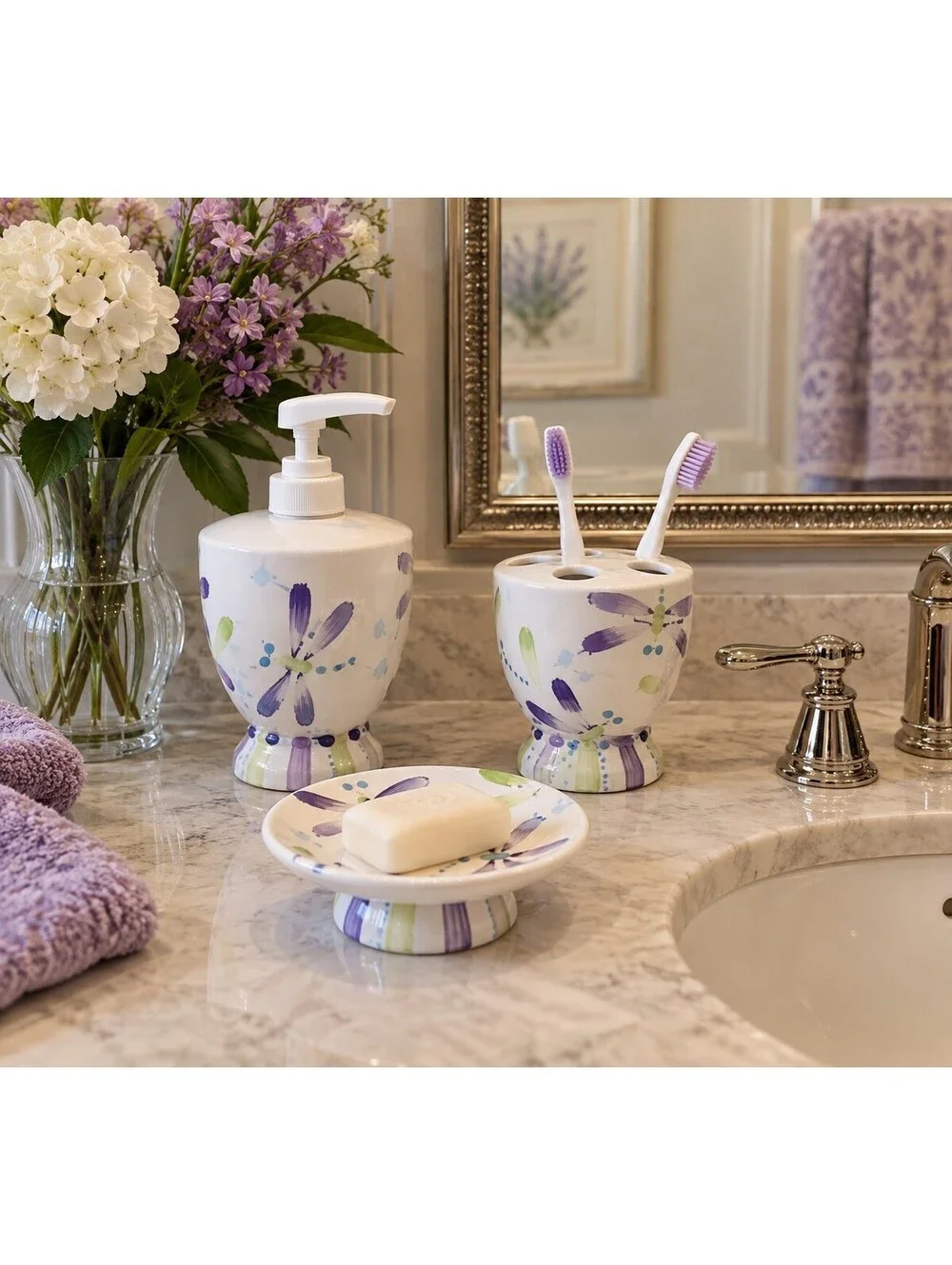Hand Painted Dragonfly Ceramic Bathroom Set 3 Piece SKL/WW