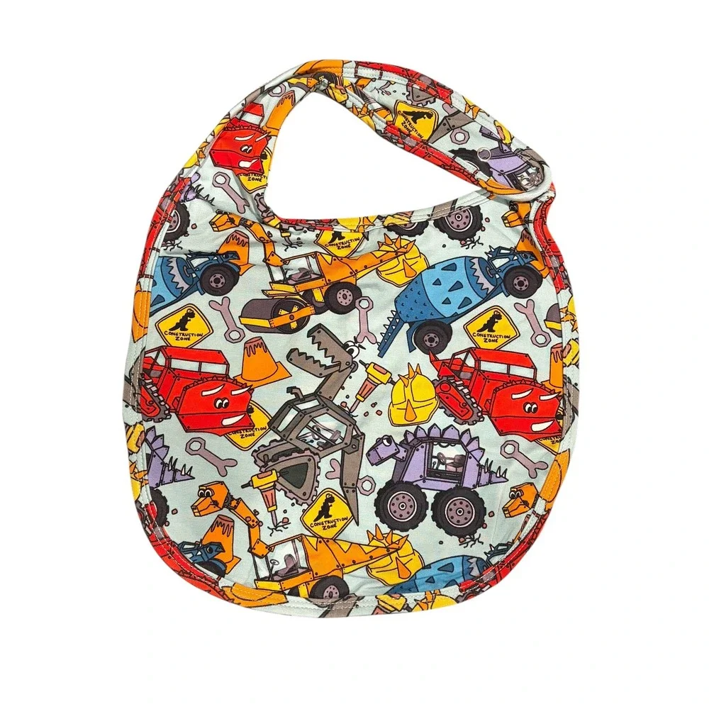 Dinosaur Construction Zone Baby Bib Blue Red Yellow Snap Closure Print