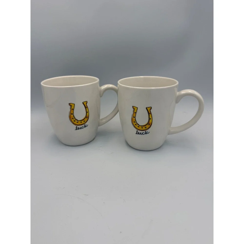 Pier 1 Imports Horseshoe Luck Coffee Mugs Set of 2 White Stoneware Cups