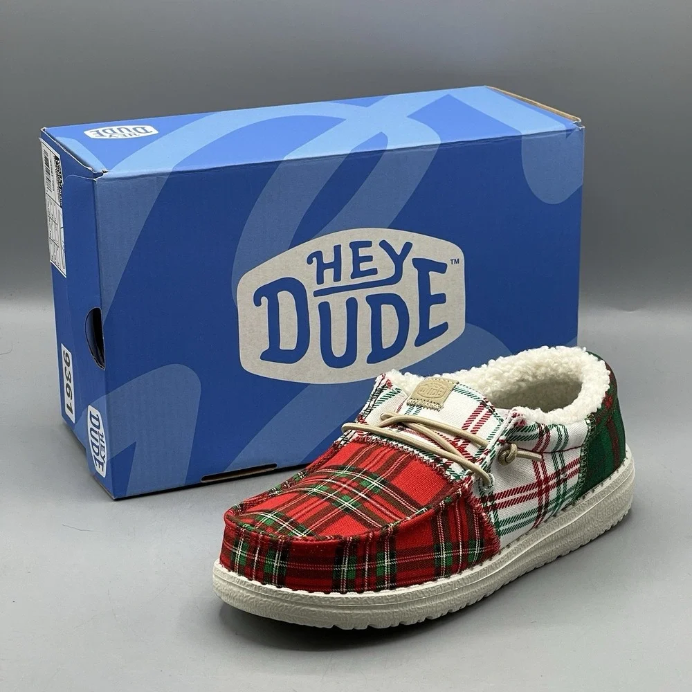 Hey‎ Dude Wally Youth Shoes US J1 Plaid Tartan Red White Green Slip-On Festive
