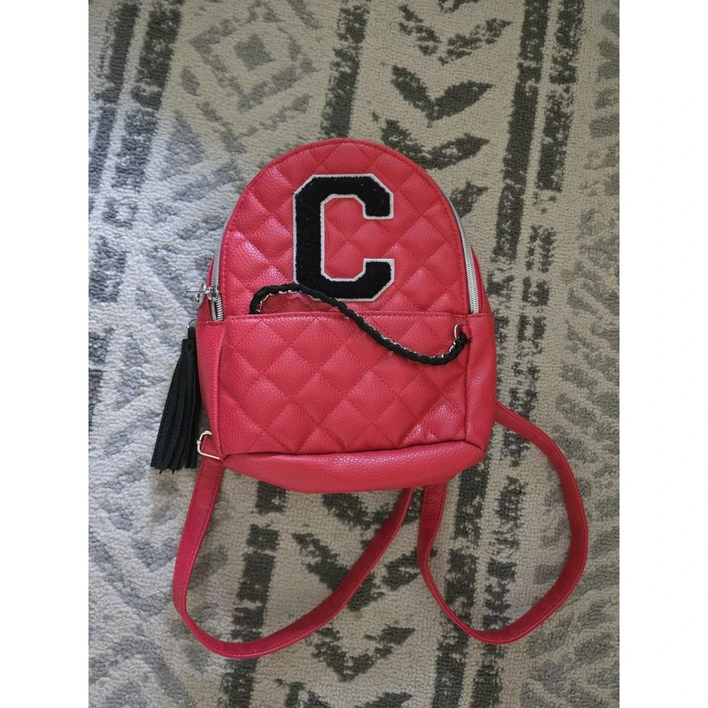 Justice Initial C Quilted Mini Backpack Ladybug Red‎ Chain detail Quilted