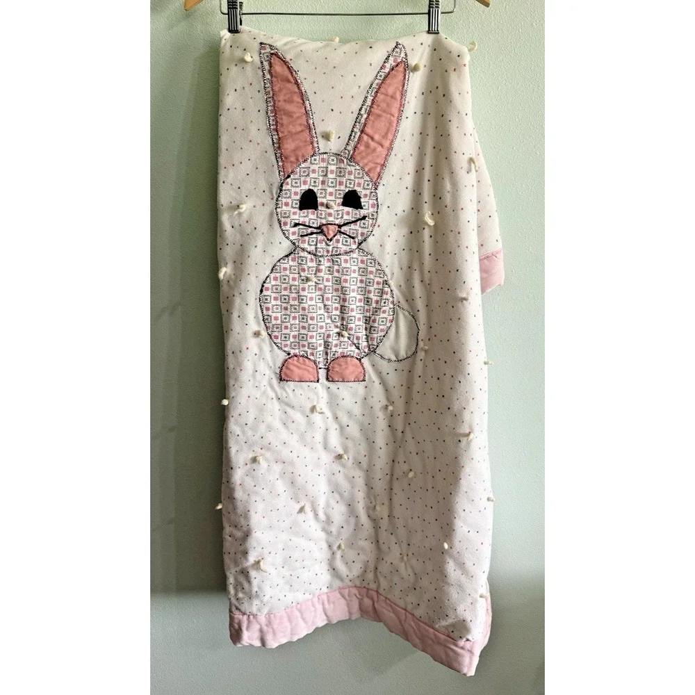 Quilt Flannel Hand Quilted Embroidered Baby Blanket‎ Cotton Bunny Vtg 52 