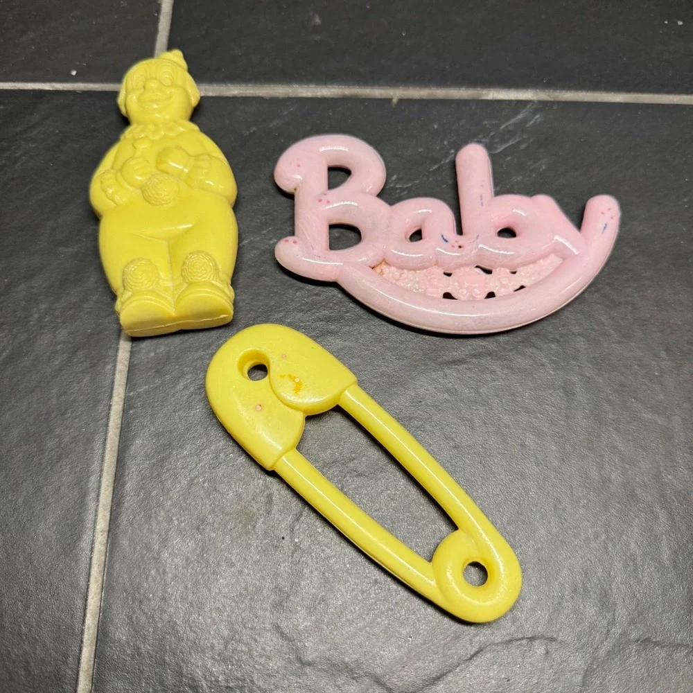 RARE 50s Vintage Celluloid Plastic Baby Rattles‎ Set of 3 Pink Safety Pin Clown