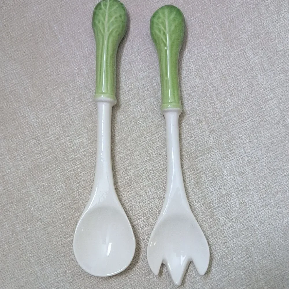 Green and White Ceramic Cabbage Handle Salad Servers