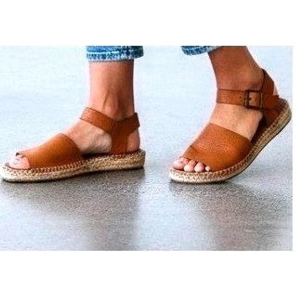 Soludos‎ Womens Tan Pebbled Leather Ankle Strap Espadrille Sandals Size 7.5 Flat