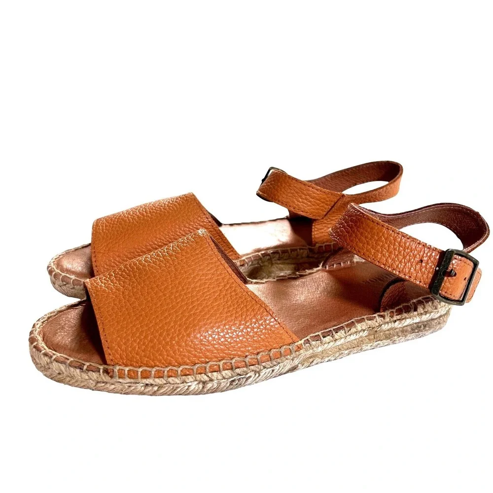 Soludos‎ Womens Tan Pebbled Leather Ankle Strap Espadrille Sandals Size 7.5 Flat
