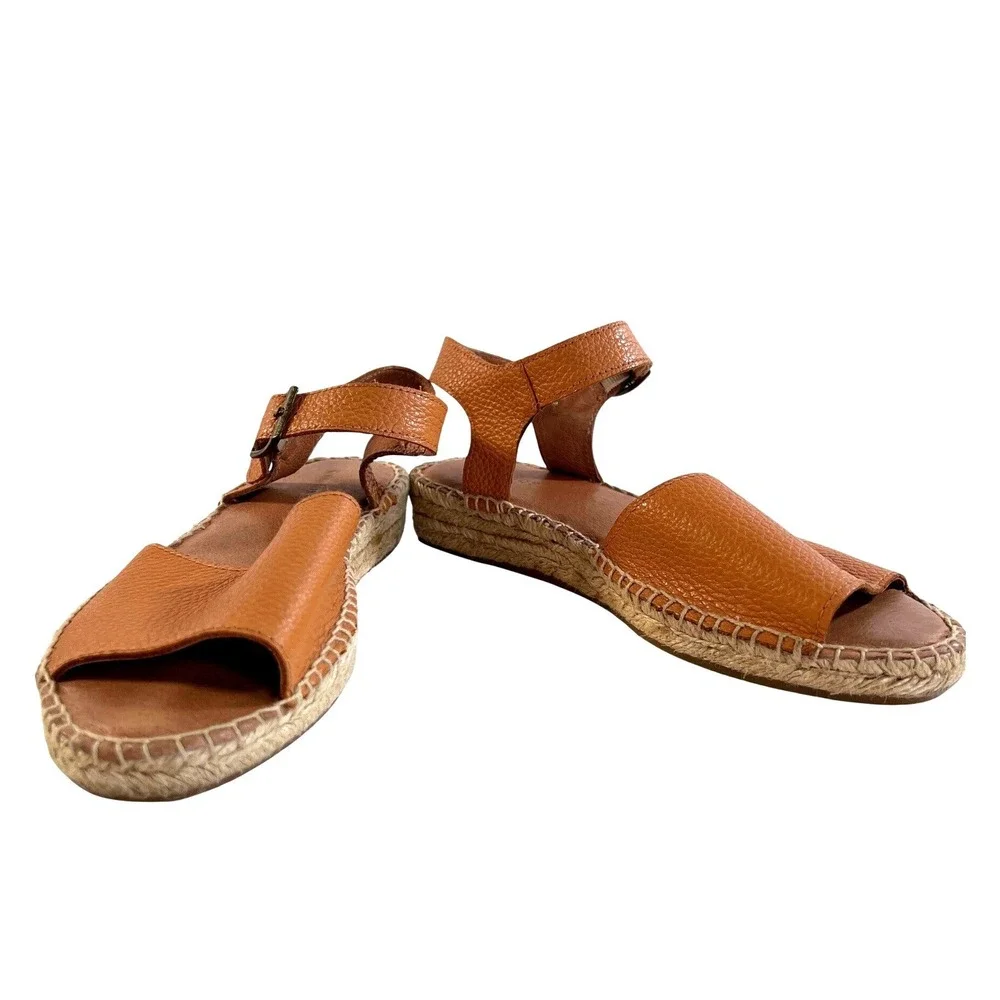 Soludos‎ Womens Tan Pebbled Leather Ankle Strap Espadrille Sandals Size 7.5 Flat