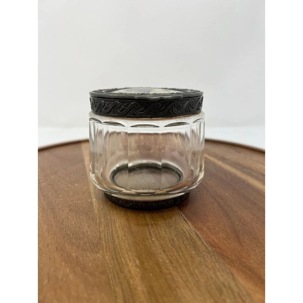 Antique‎ Glass Jar Ornate Metal Lid Portrait Miniature Art Deco Vanity Container