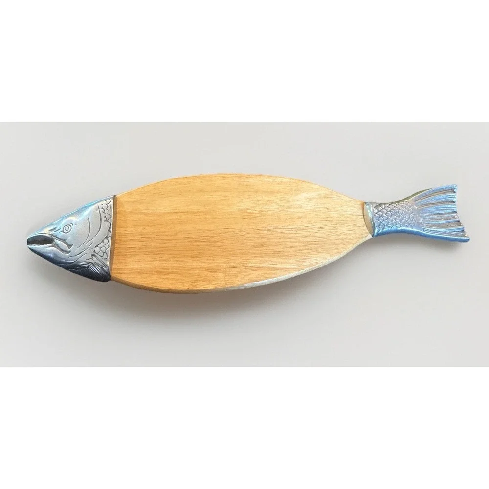 Vintage Salmon Fish Wood And Pewter Cutting Board‎ Charcuterie Serving Tray 26