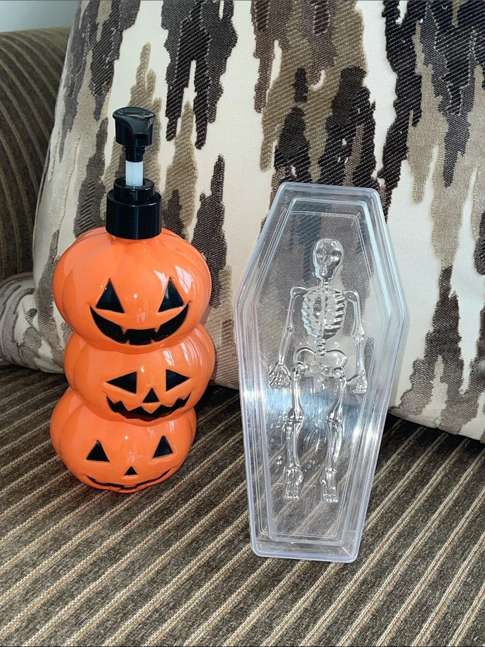 Orange Halloween Pumpkin Stack Soap Dispenser & Skeleton box
