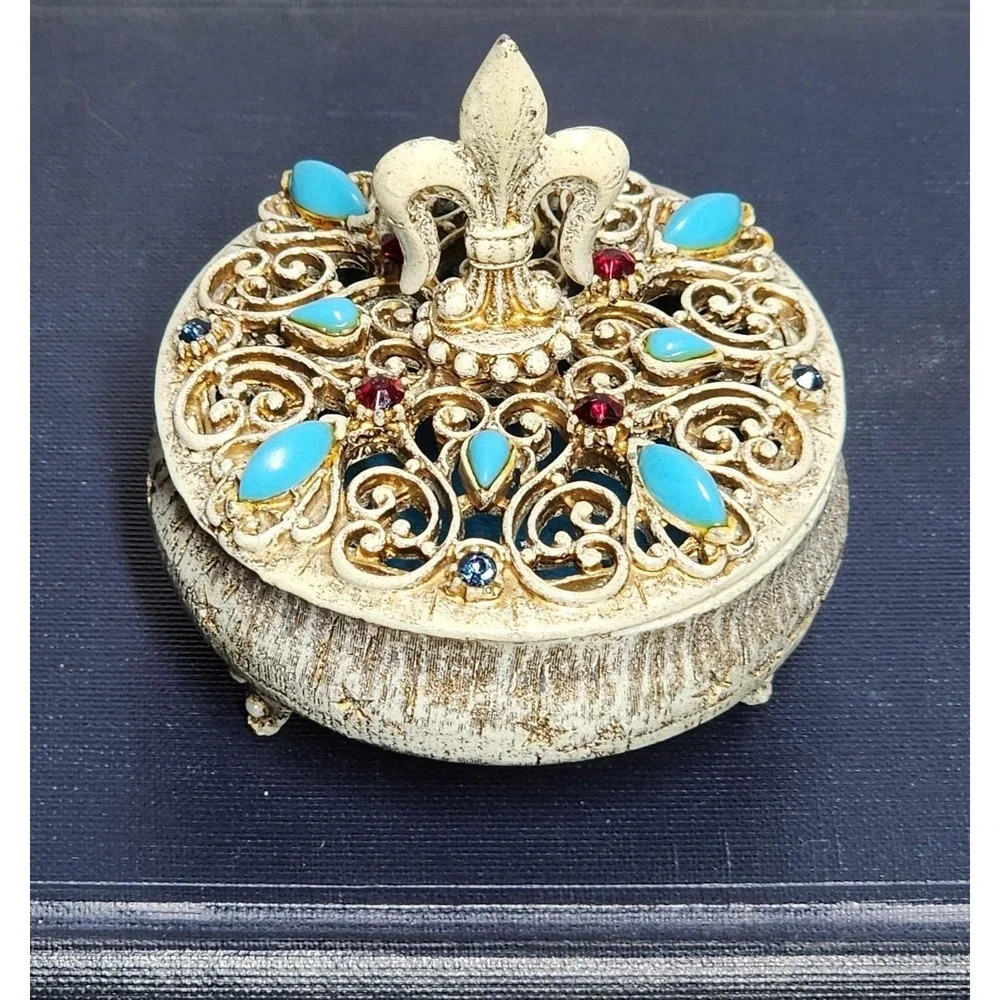 Vintage Florenza Fleur de Lis‎ Trinket Box Jeweled Turquoise Filigree Victorian