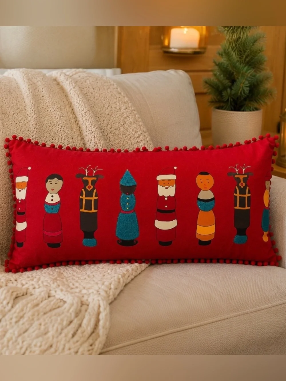 Crate & Barrel Winder Red Embroidered Feathered Christmas Pillow Santa Reindeer