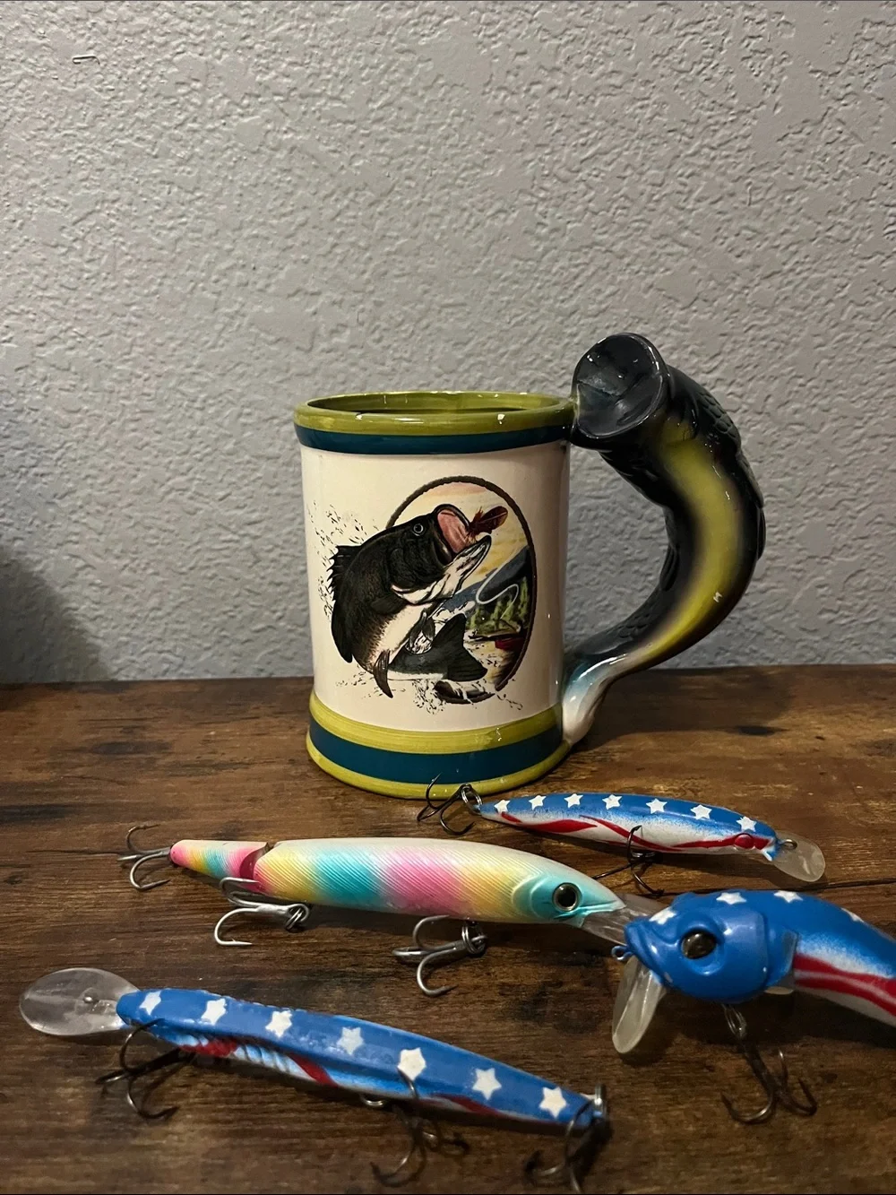 Fishing Green and Black Fish-Handled Ceramic Mug & 4 lures ..