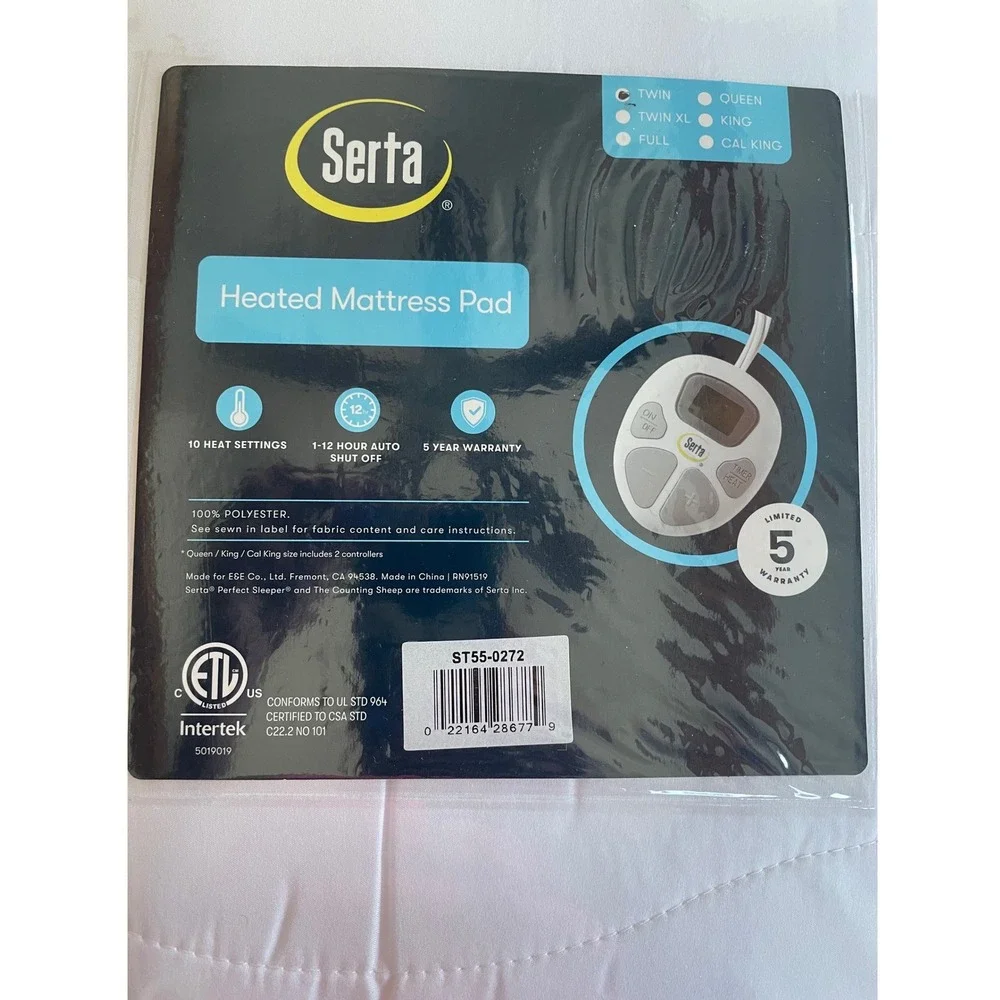 Serta Heated Mattress Pad Twin White 10 Heat Settings Auto Shut Off ST55-0272NEW