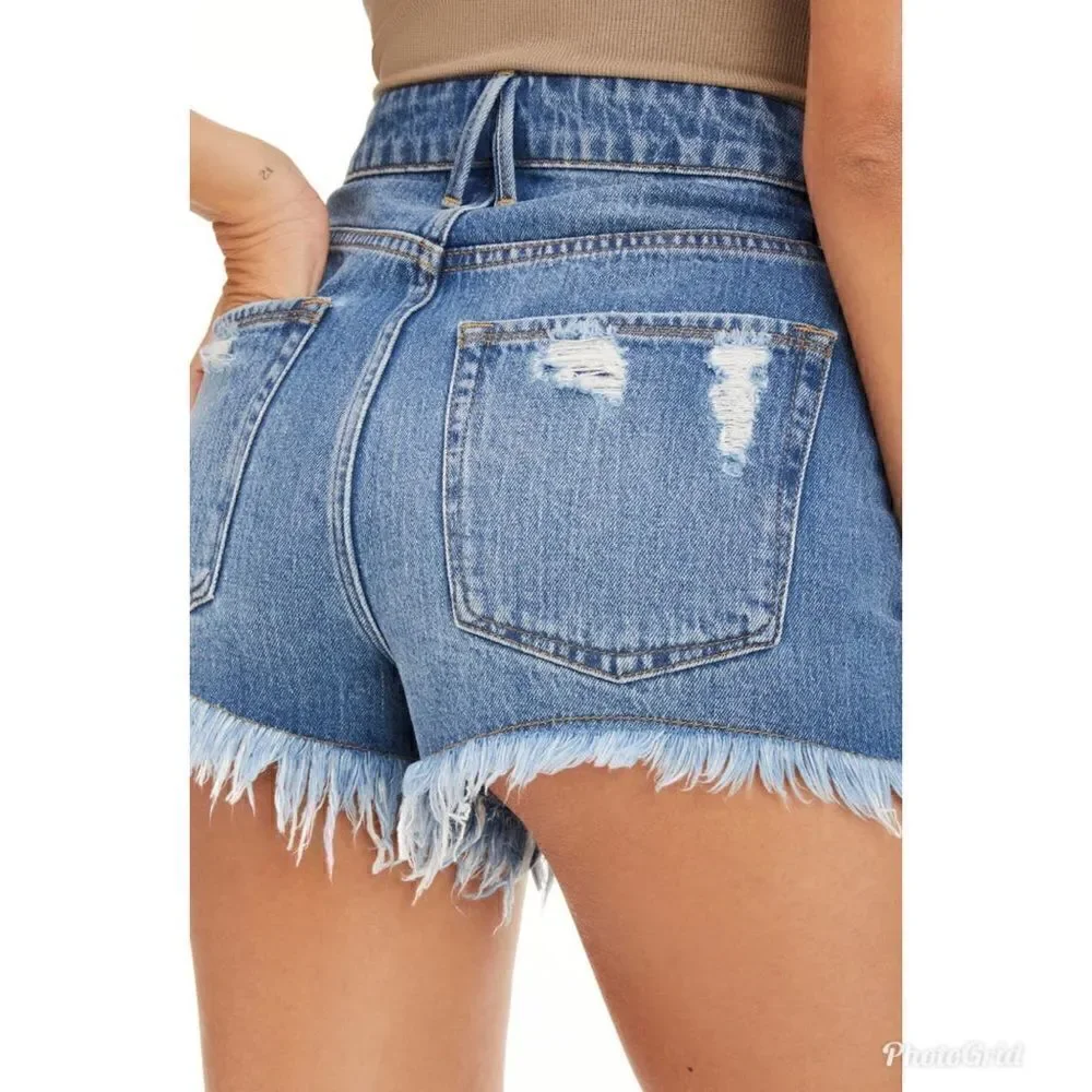 Revolve Good American Bombshell Chewed Denim Fringe Jean Shorts