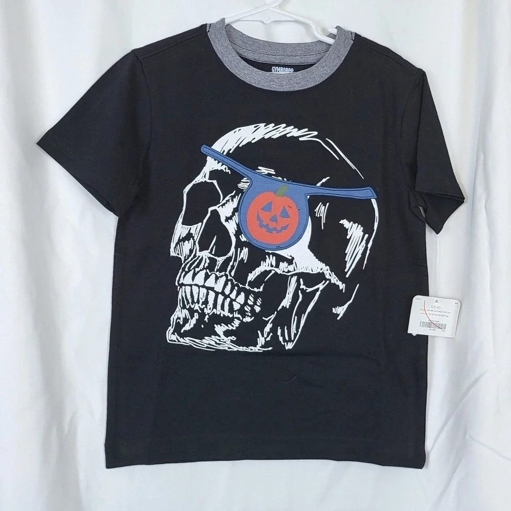 Gymboree Boys Black Skull Pumpkin Patch Short Sleeve Halloween Tee Small 5/6 NEW