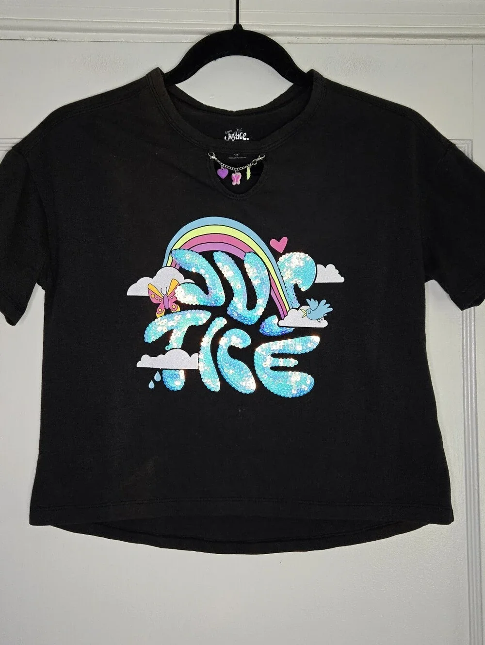 Justice Black Short Sleeve T-Shirt with Charms and Sequence Girls Medium (10)