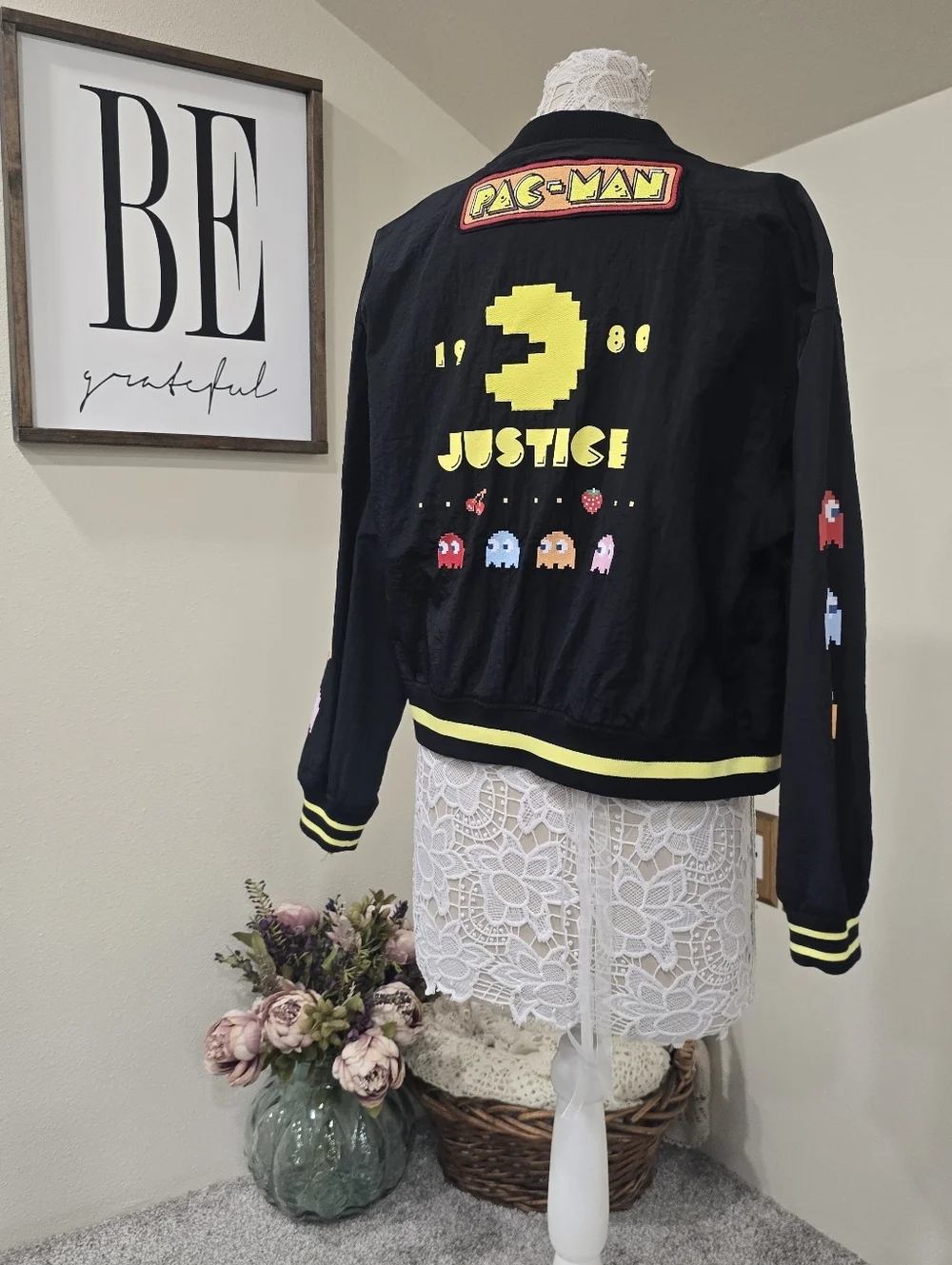 JUSTICE Pac-Man & Ghosts Black Bomber Jacket with Yellow Trim NWOT