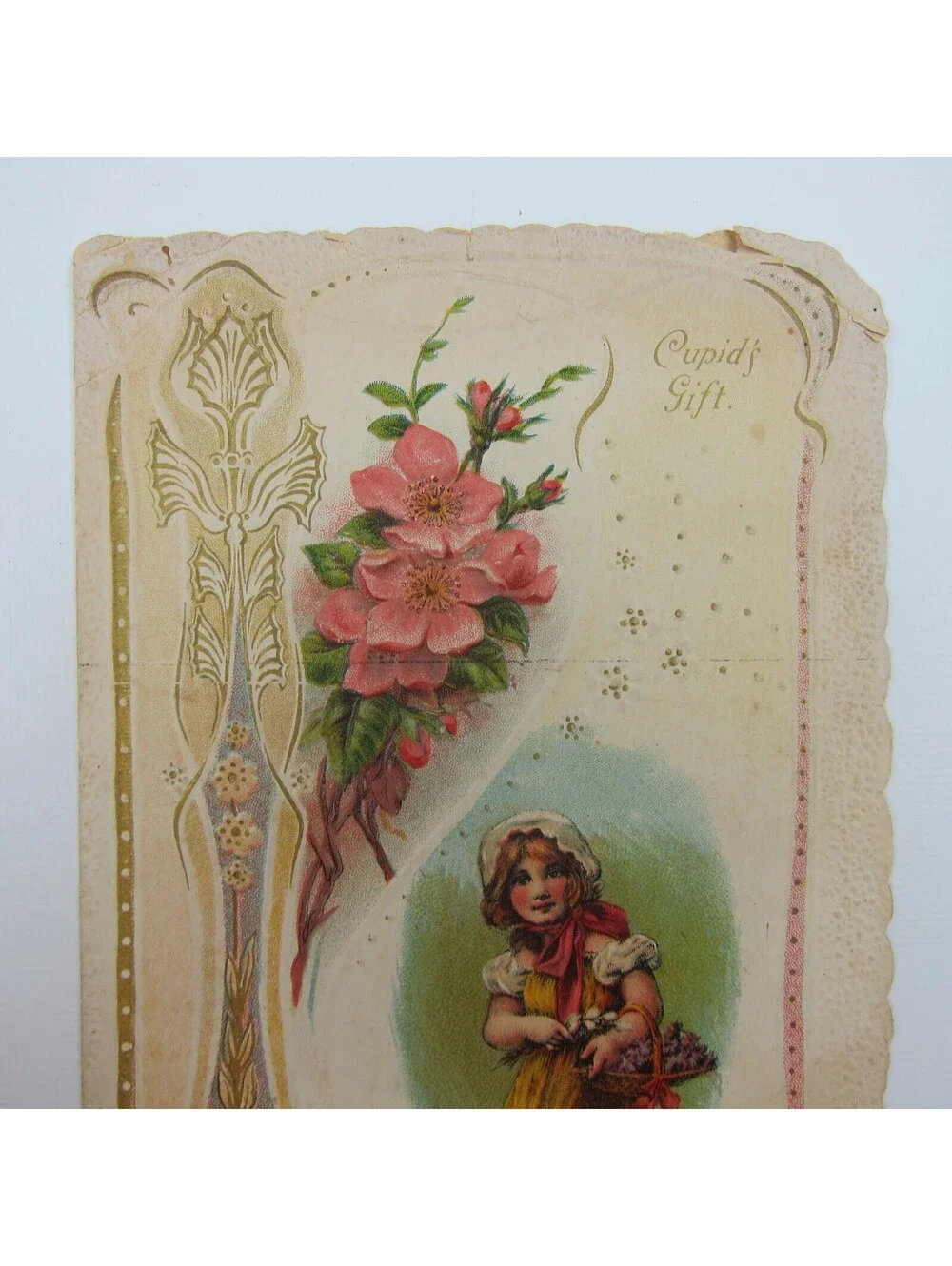 Valentine Card Girl Bonnet Yellow Dress Flowers Embossed Die cut Bifold Antique