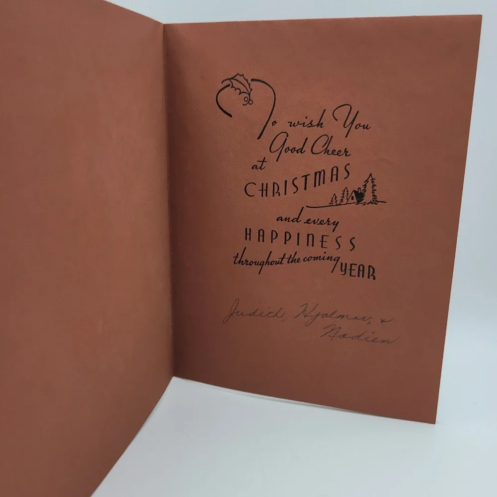 Vintage Seasons Greetings Card Horse Drawn Carriage Christmas Tree‎ Signed
