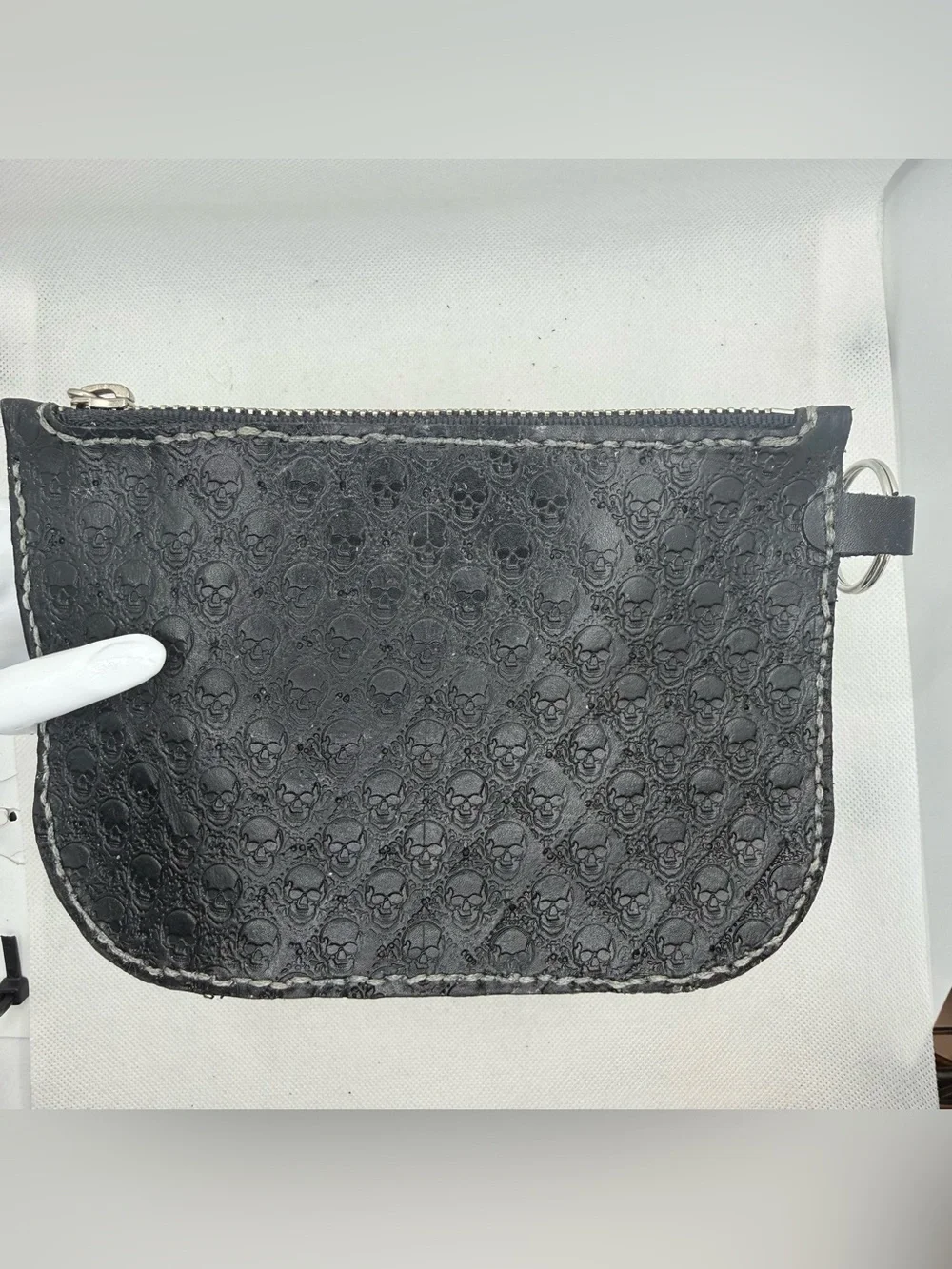 Handmade Black Skull Embossed Leather Zipper Pouch with Key Ring